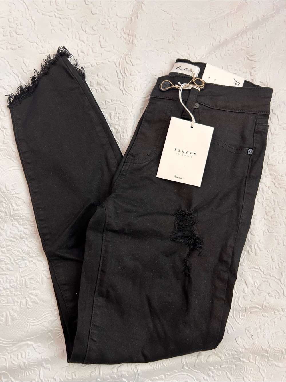 KanCan Black Skinny Jeans with Distressed Knee and Frayed Hem